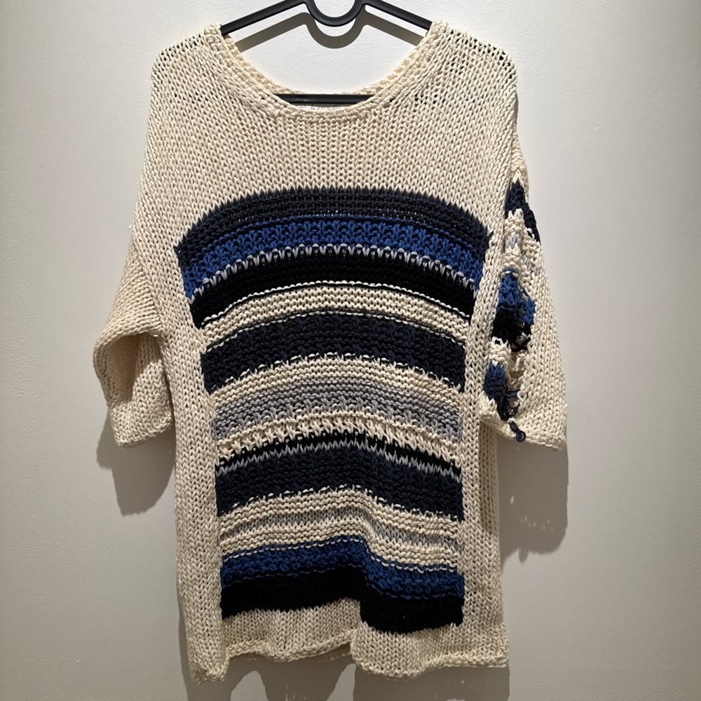 Striped Knit Sweater - Cream, Blue, and Black